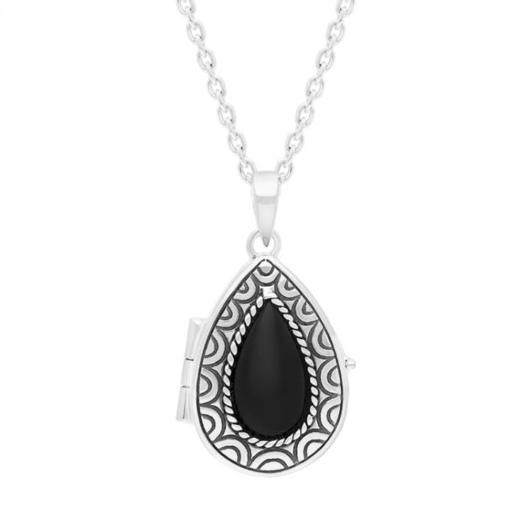 Sterling Silver Whitby Jet Pear Stone Pattern Edge Locket Necklace - Silver