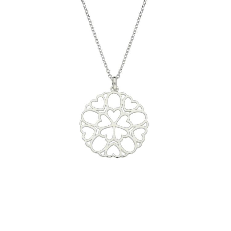 Heart Necklace Detailed Disc Sterling Silver - Silver