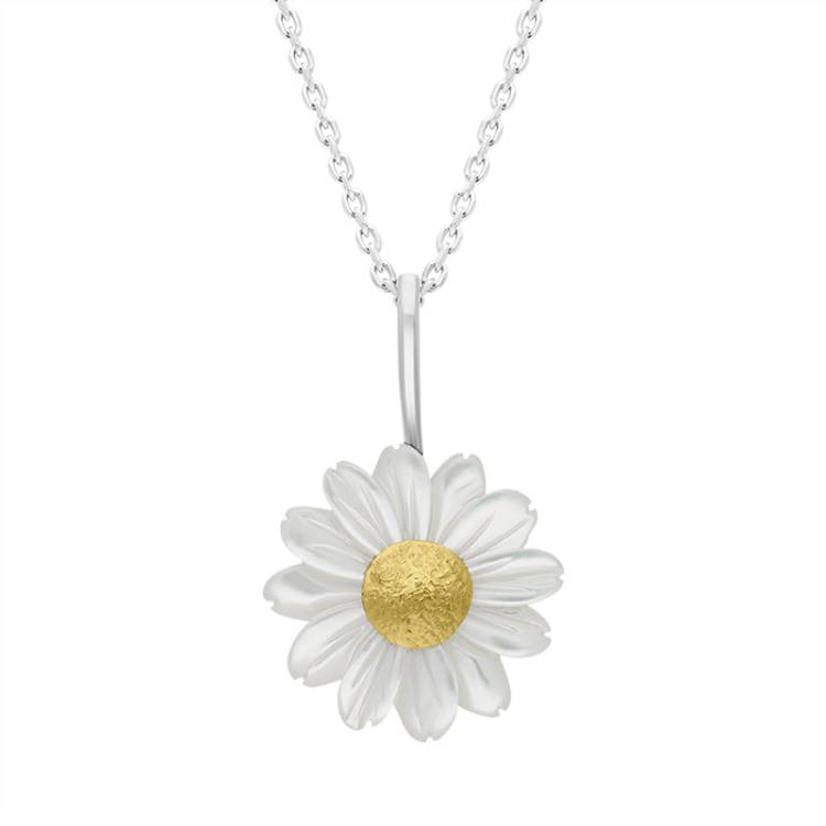Sterling Silver and Yellow Gold White Mother Of Pearl Tuberose Daisy Necklace - Option1 Value Yellow Gold