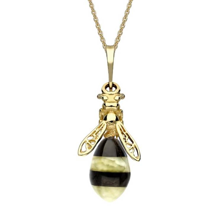 9ct Yellow Gold Whitby Jet Amber Bee Drop Necklace