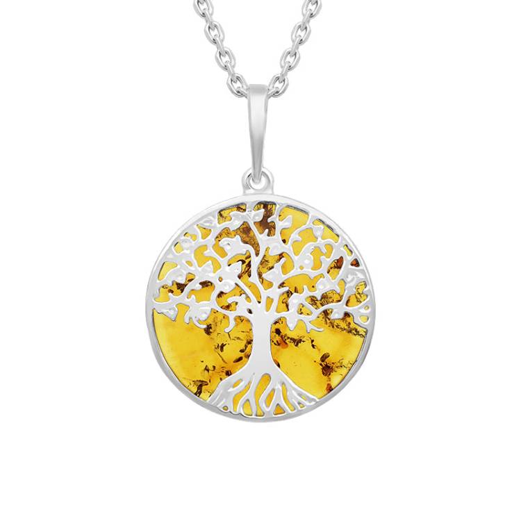 Sterling Silver Amber Round Tree of Life Necklace - Silver