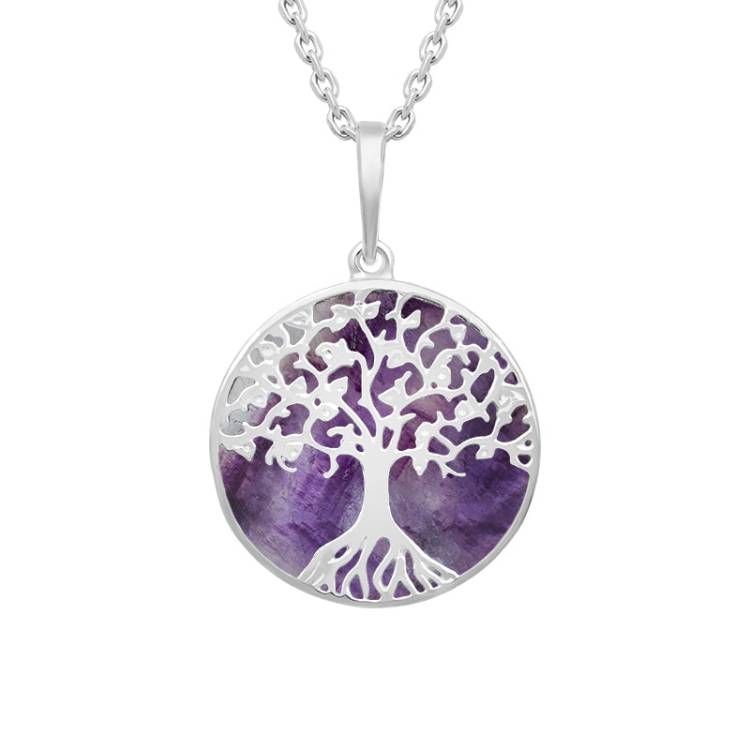Sterling Silver Blue John Round Tree of Life Necklace - Silver