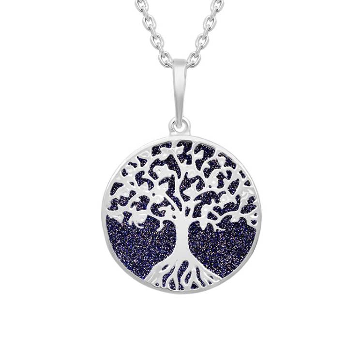 Sterling Silver Blue Goldstone Round Tree of Life Necklace - Silver