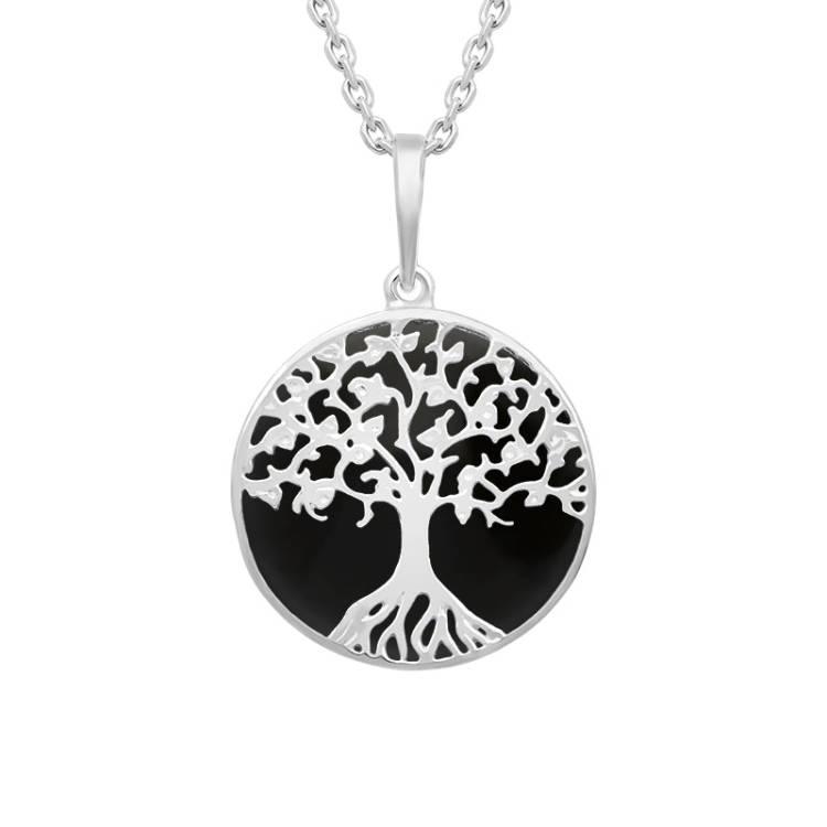 Sterling Silver Whitby Jet Round Tree of Life Necklace - Silver