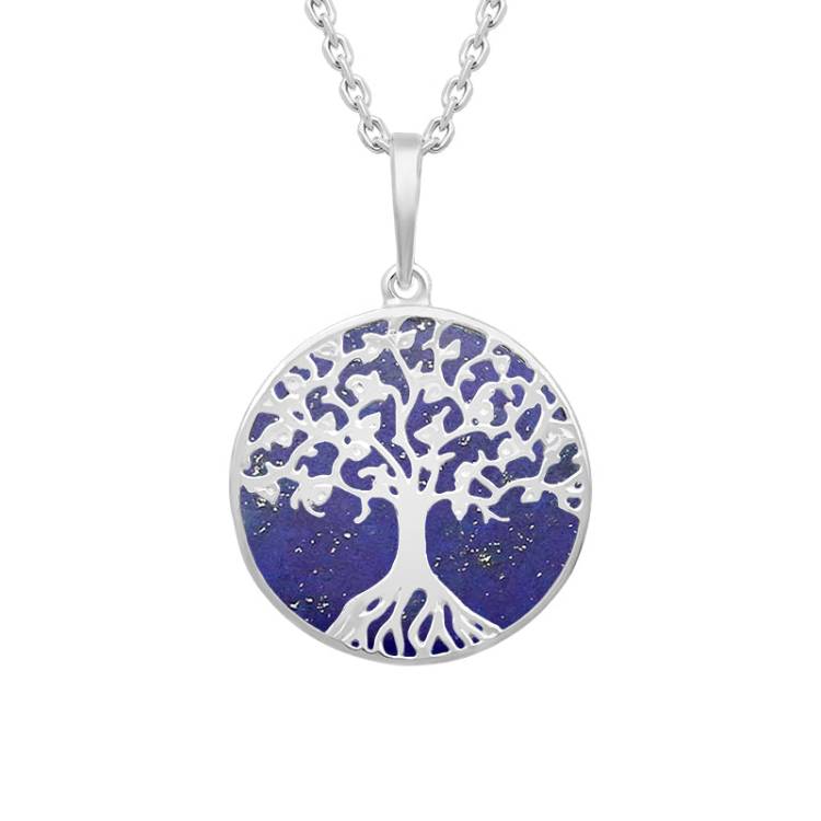 Sterling Silver Lapis Lazuli Round Tree of Life Necklace - Silver