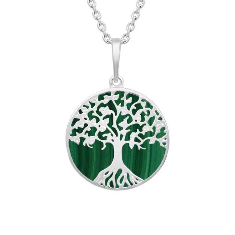 Sterling Silver Malachite Round Tree of Life Necklace - Silver