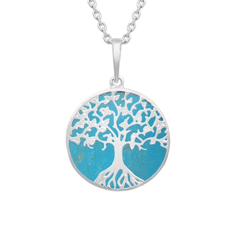 Sterling Silver Turquoise Round Tree of Life Necklace - Silver
