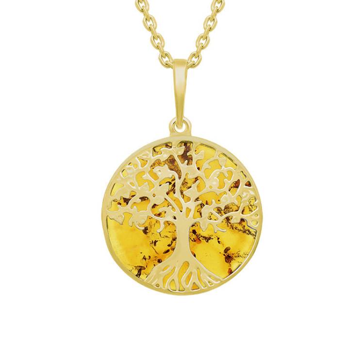 9ct Yellow Gold Amber Round Tree of Life Necklace - Gold