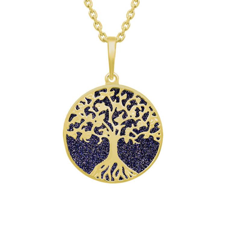 9ct Yellow Gold Blue Goldstone Round Tree of Life Necklace - Gold