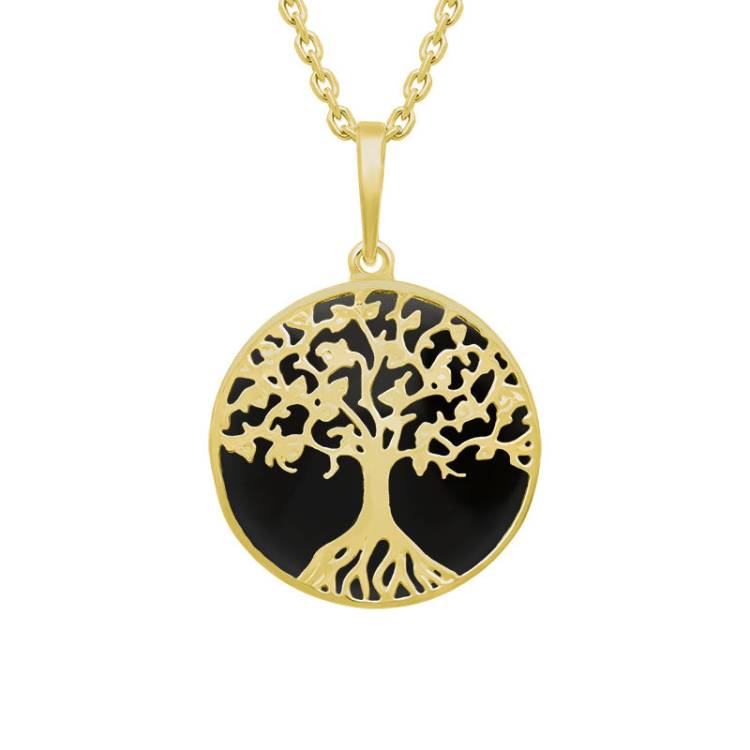 9ct Yellow Gold Whitby Jet Round Tree of Life Necklace - Gold