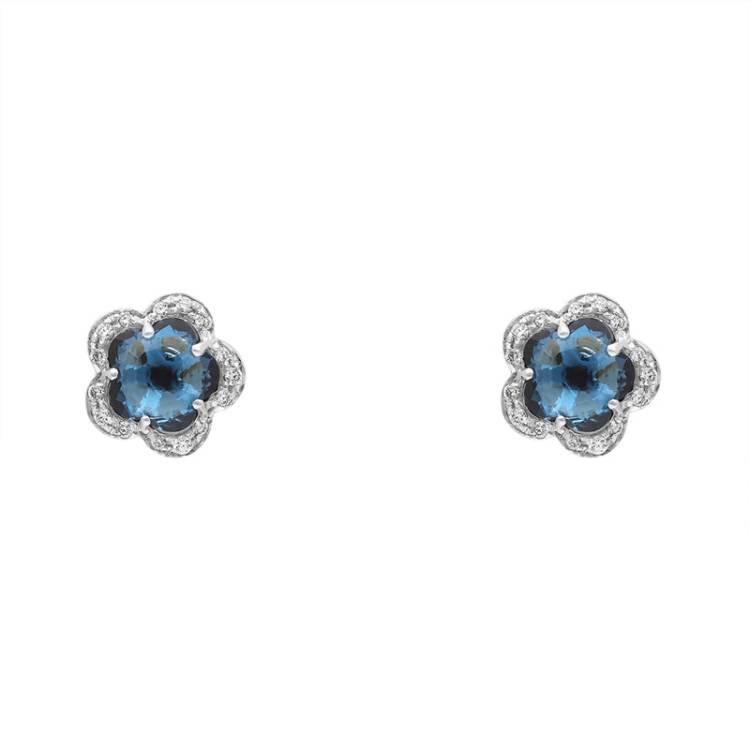 Pasquale Bruni Figlia Dei Fiori 18ct White Gold London Blue Topaz Diamond Flower Stud Earrings - Gold