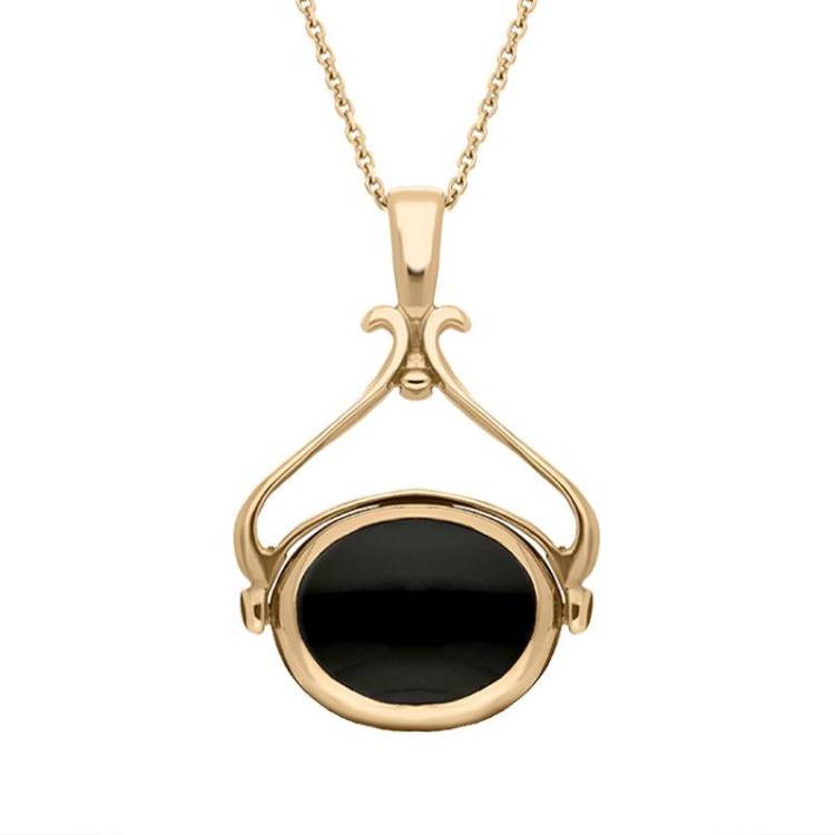 9ct Rose Gold Whitby Jet Malachite Oval Space Swivel Fob Necklace