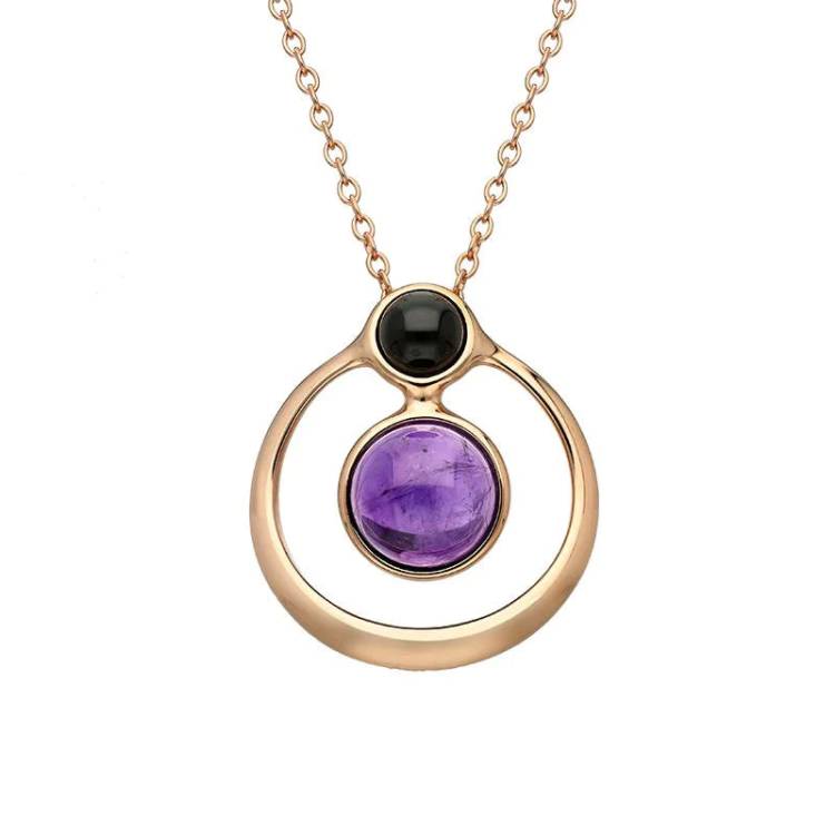 Rose Gold Plated Sterling Silver Whitby Jet Amethyst Two Stone Open Circle Necklace