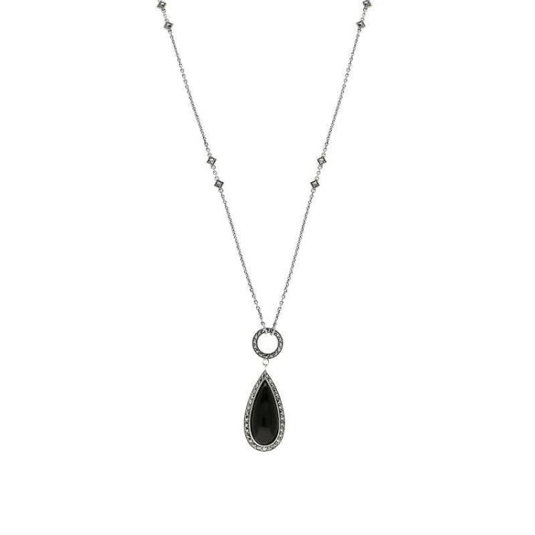 Sterling Silver Whitby Jet Marcasite Pear Drop T-Bar Necklace - Silver