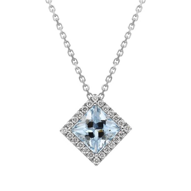 18ct White Gold 1.74ct Aquamarine Diamond Cluster Necklace - Option1 Value White Gold