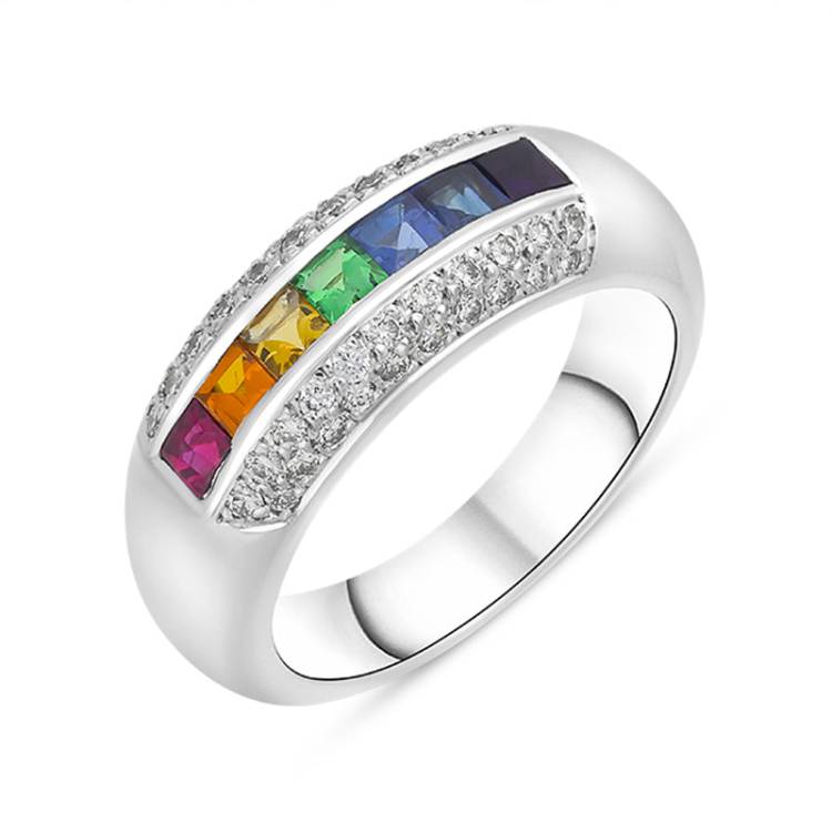 18ct White Gold Rainbow Mixed Stone Diamond Ring D - N