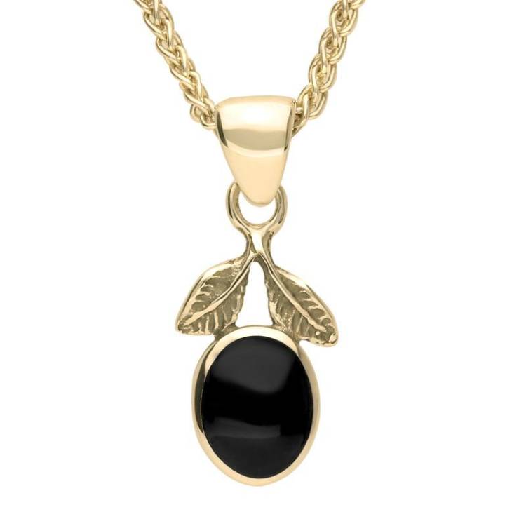 9ct Yellow Gold Whitby Jet Oval Leaf Necklace - Yellow Gold