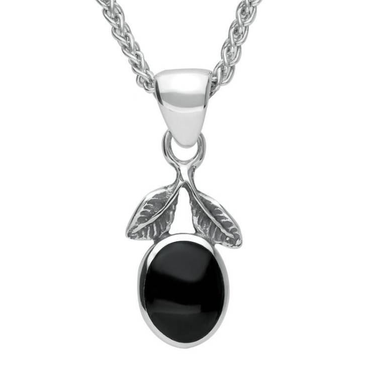 Sterling Silver Whitby Jet Oval Leaf Necklace - Silver
