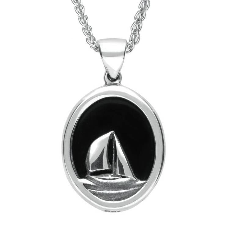 Sterling Silver Whitby Jet Framed Yacht Necklace - Silver
