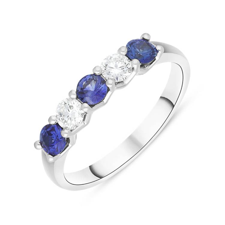 Platinum Sapphire Diamond Five Stone Claw Set Half Eternity Ring - Platinum