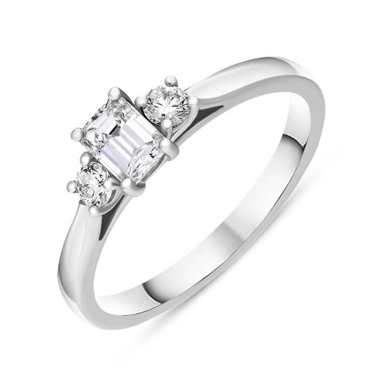 Platinum Diamond Emerald and Round Brilliant Cut Three Stone Ring - L