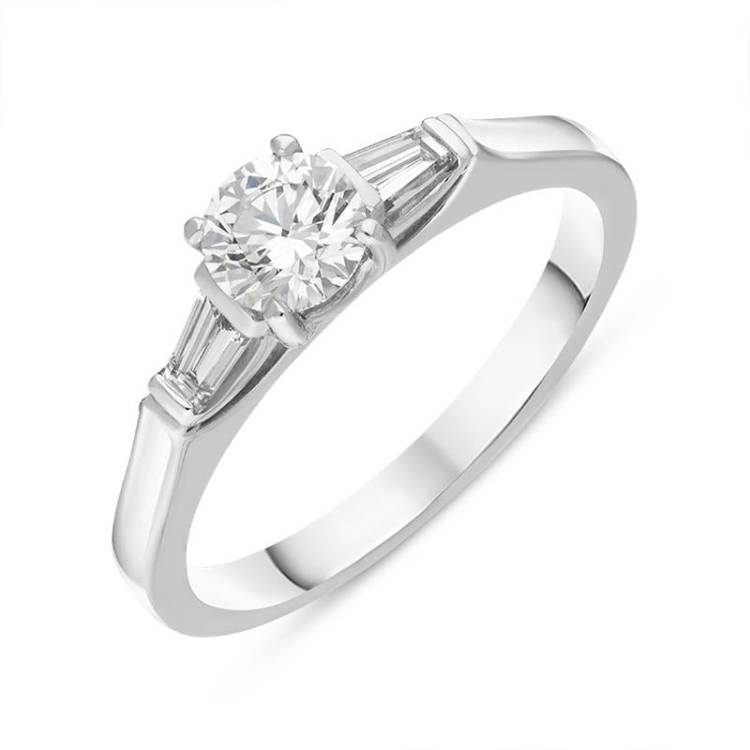 Platinum Diamond Round Brilliant Tapered Baguette Cut Three Stone Ring - N