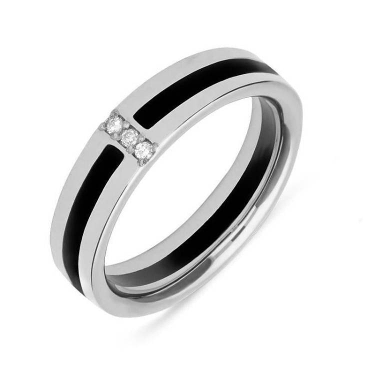 Platinum Whitby Jet Diamond Inlaid Band Ring - Silver