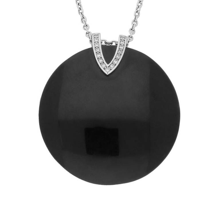 Platinum Diamond and Whitby Jet V Top Large Disc Necklace - Platinum
