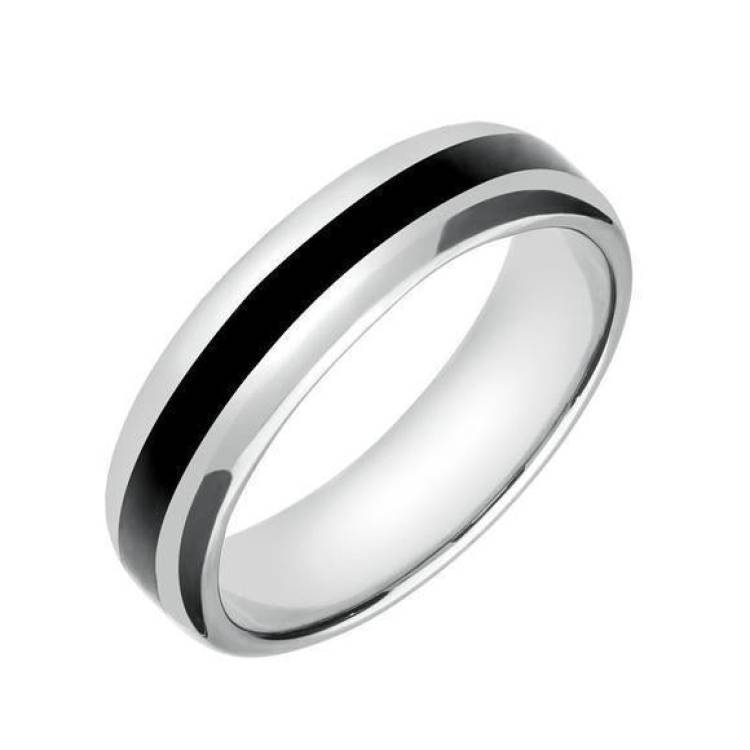 Platinum Whitby Jet 2mm Stone Inlaid Wedding Band Ring - Platinum