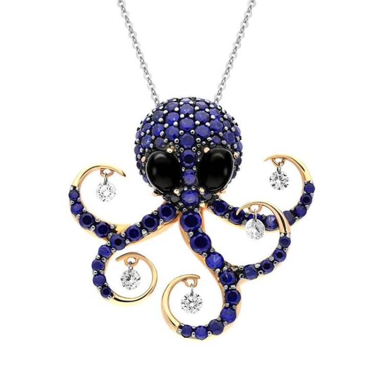 Ponte Vecchio 18ct Rose Gold Whitby Jet Diamond Sapphire Octopus Necklace D - Rose Gold