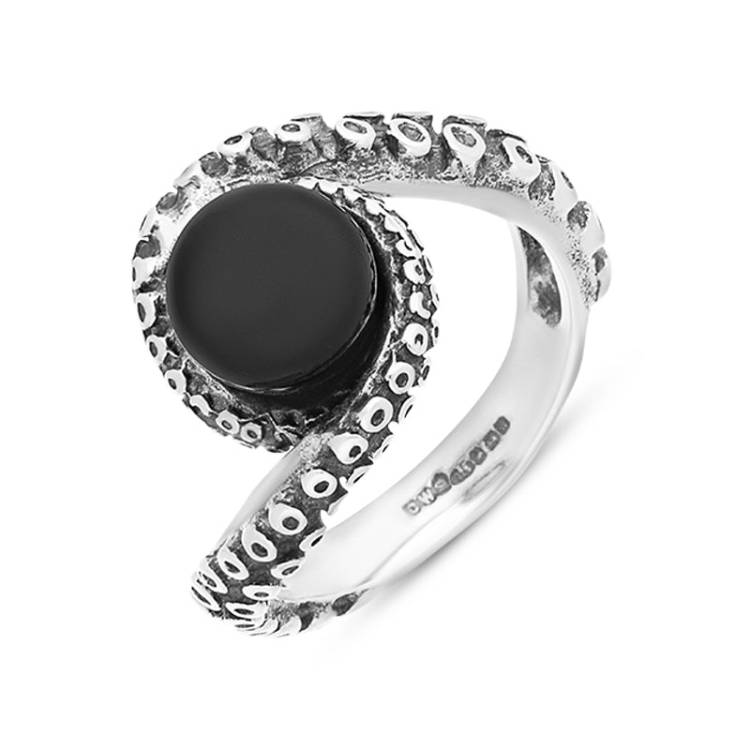 Sterling Silver Whitby Jet Bead Twist Tentacle Ring - Option1 Value Silver