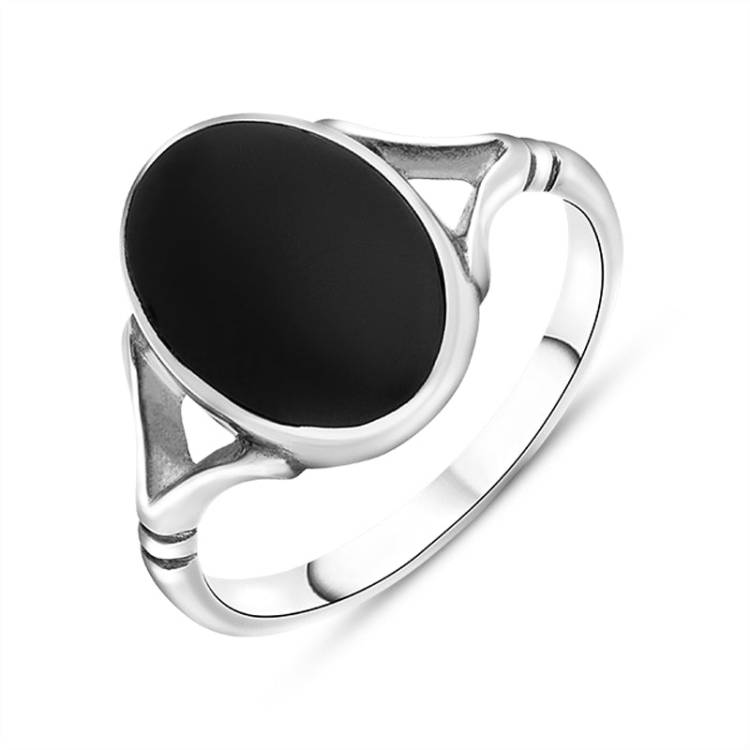 Sterling Silver Whitby Jet Heritage Oval Split Shoulder Ring - Option1 Value Silver