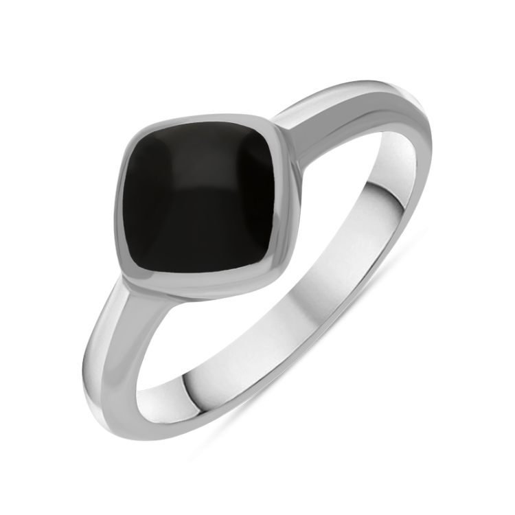 Sterling Silver Whitby Jet Cushion Ring - Silver