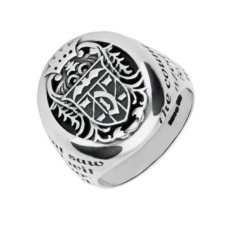 Sterling Silver Whitby Jet Dracula Crest Signet Ring - Silver