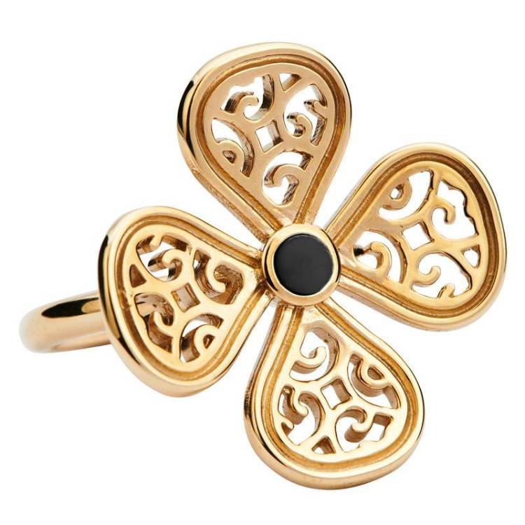 9ct Yellow Gold Whitby Jet Flore Four Petal Filigree Ring