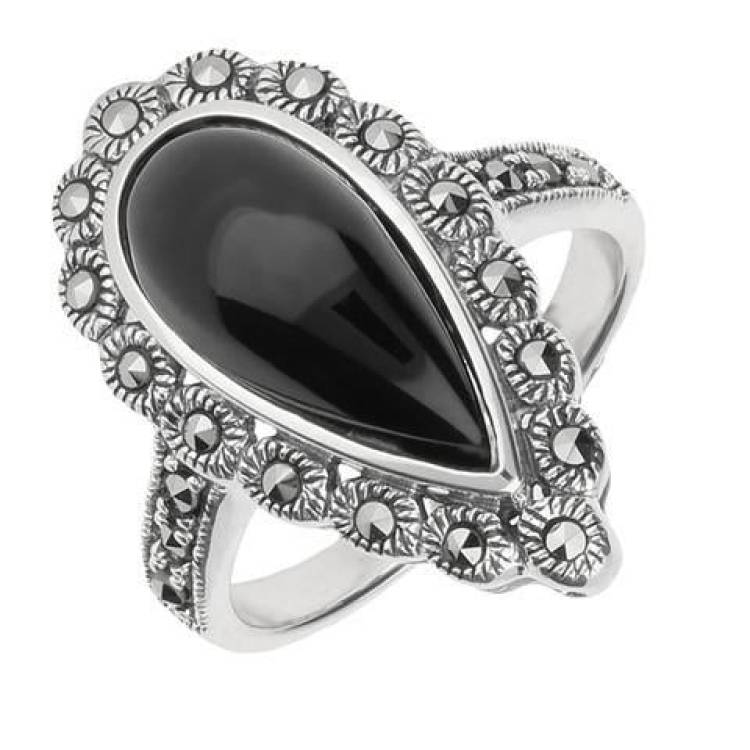 Sterling Silver Whitby Jet Marcasite Pear Ring - Silver