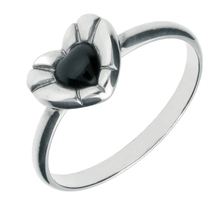 Sterling Silver Whitby Jet Heritage Heart Stone Ridged Edge Ring - Option1 Value Silver