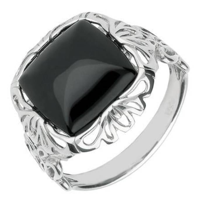 Sterling Silver Whitby Jet Square Decorative Edge Ring - Option1 Value Silver