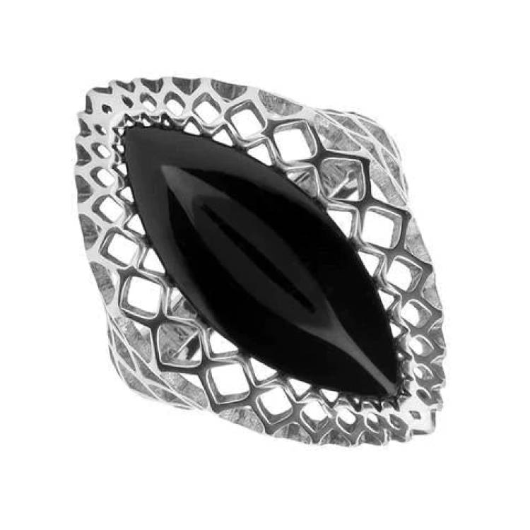 Sterling Silver Whitby Jet Heritage Pierced Marquise Ring - Option1 Value Silver