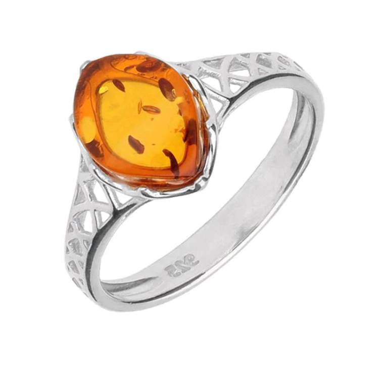 Sterling Silver Amber Pierced Celtic Ring - Silver