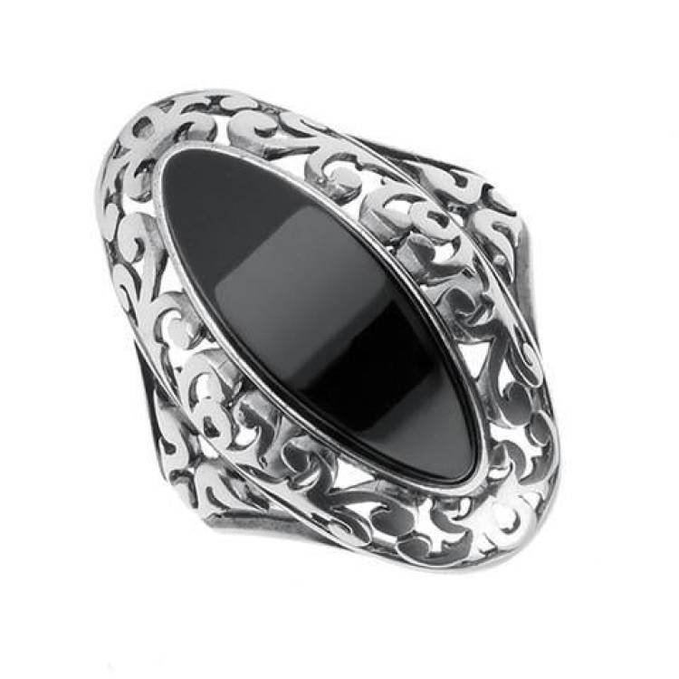 Sterling Silver Whitby Jet Heritage Oval Pierced Ring - Option1 Value Silver