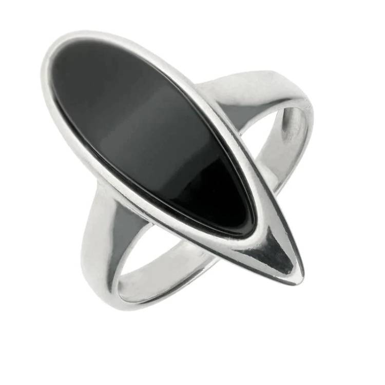Sterling Silver Whitby Jet Curved Pear Ring - Option1 Value Silver