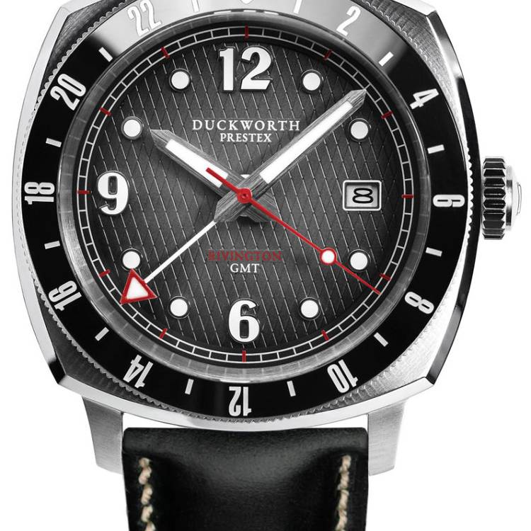 Duckworth Prestex Watch Rivington GMT Black Grey Fume Black Leather