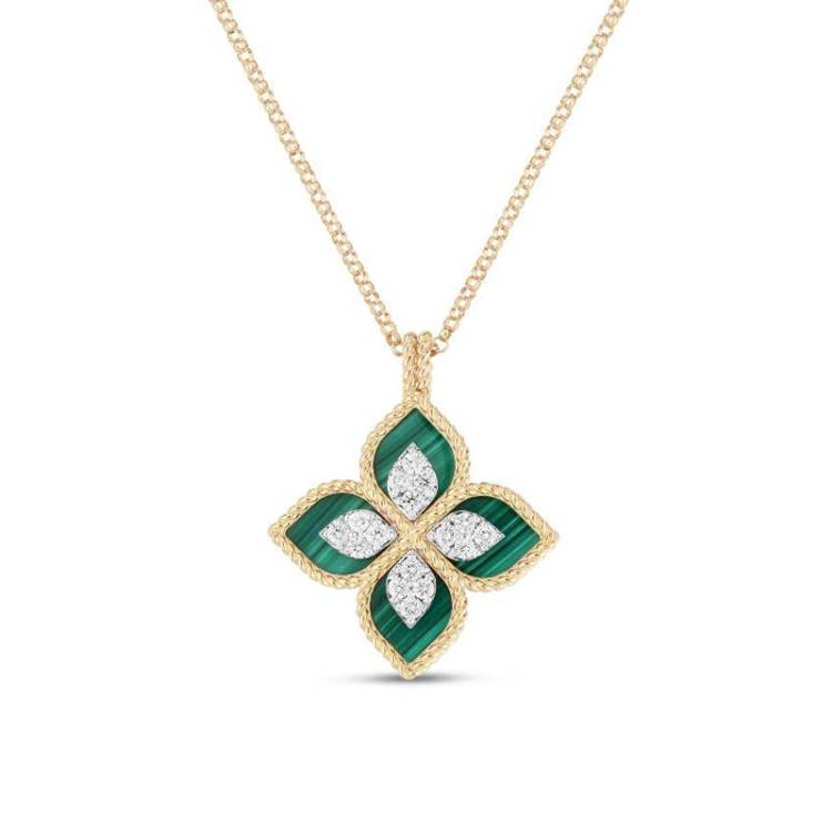 Roberto Coin Princess Flower 18ct Yellow Gold Diamond Malachite Necklace - Yellow Gold