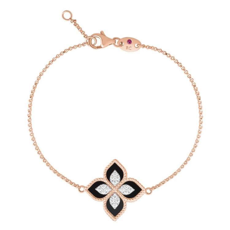 Roberto Coin Princess Flower 18ct Rose Gold Diamond Black Jade Bracelet