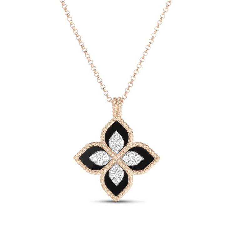 Roberto Coin Princess Flower 18ct Rose Gold Diamond Black Jade Necklace