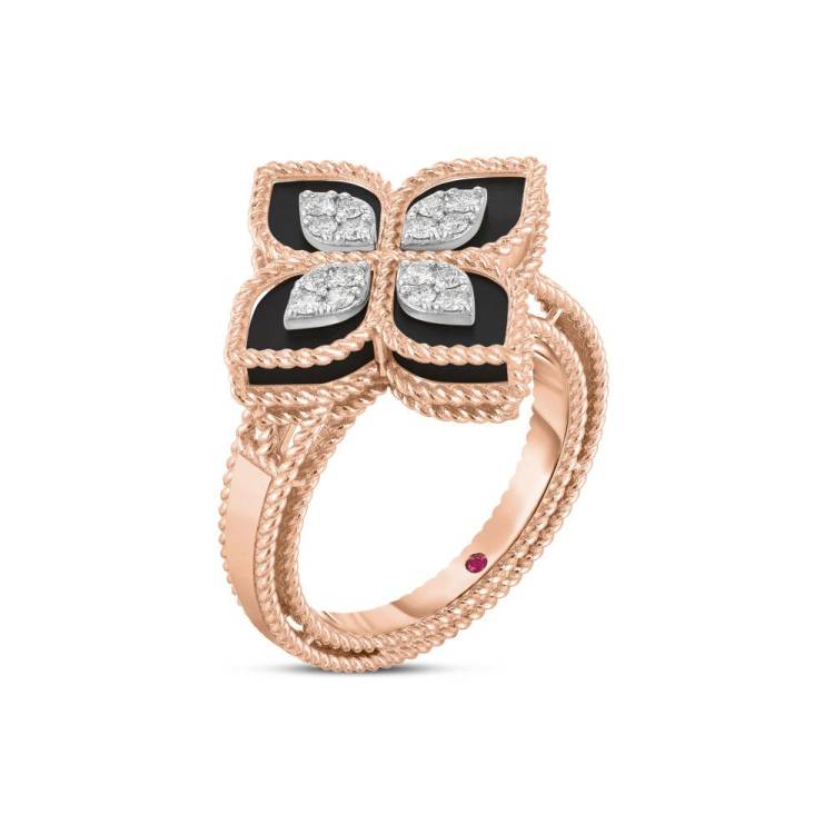 Roberto Coin Princess Flower 18ct Rose Gold Diamond Black Jade Ring - 10-(50)