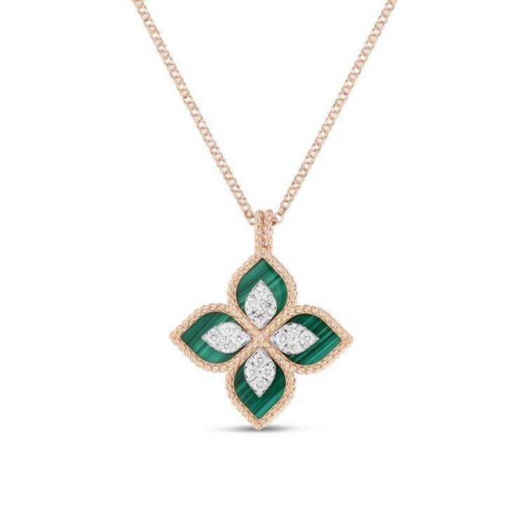 Roberto Coin Princess Flower 18ct Rose Gold Diamond Malachite Necklace