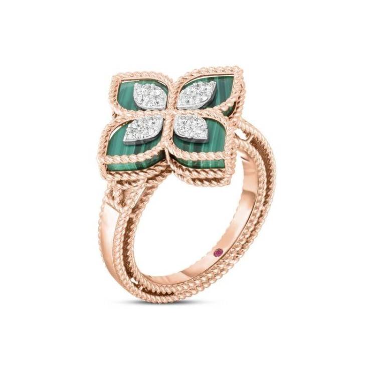 Roberto Coin Princess Flower 18ct Rose Gold Diamond Malachite Ring - 14-(54)