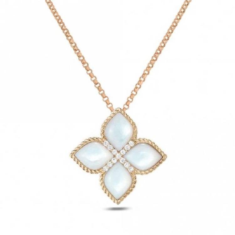 Roberto Coin Princess Flower 18ct Rose Gold Diamond Mother of Pearl Large Pendant